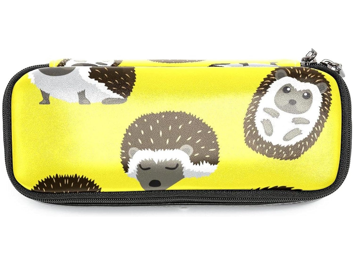 Este estojo com estampa de ouriço, amarelo, de grande capacidade, é ideal para escola, mesa, adultos e meninas.