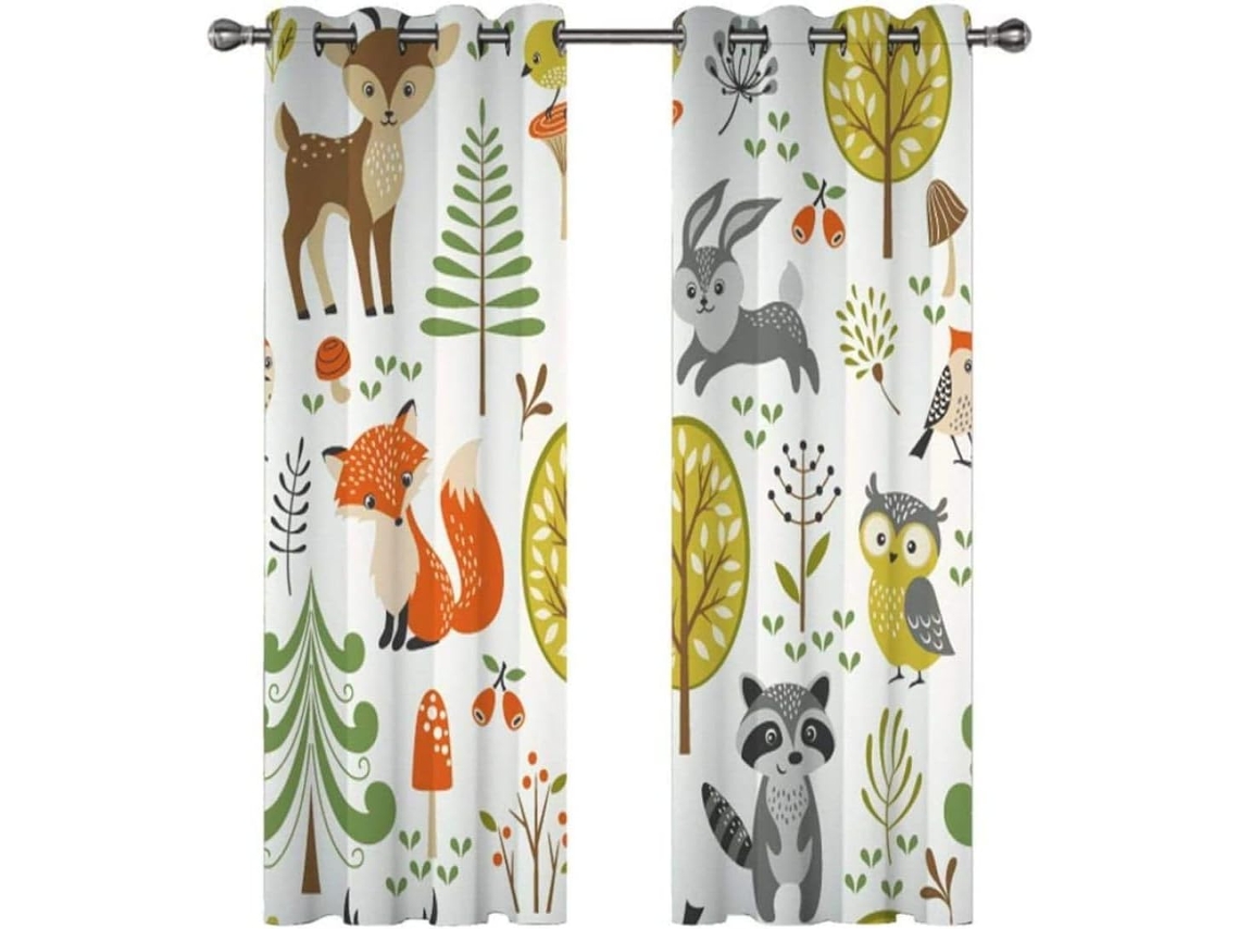 Cortinas Para Quarto Infantil, Estampa De Animais Da Floresta, 221x 216cm, Com Isolamento Térmico, 2 Painéis De