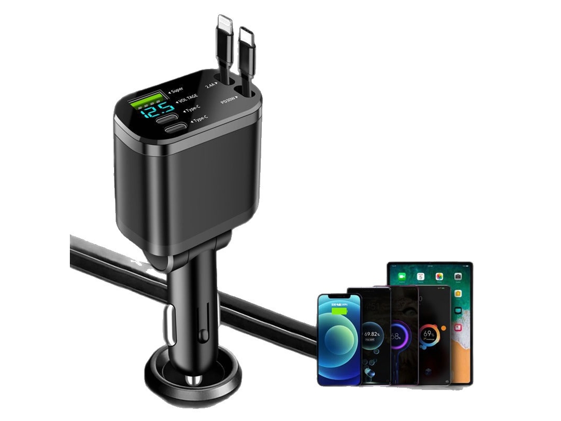 Carregador Carro 5em1 Cabos Retrácteis Lightning+usb c, Ecrã Tensão Pd Super Charge, Entrada Dc12 24v Acessórios Automóvel STELASPLEN
