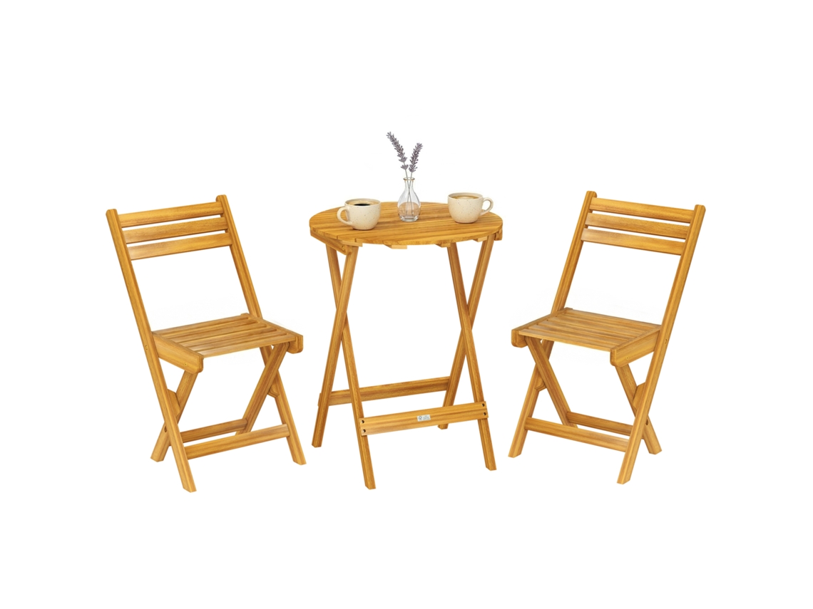 Conjunto bistrô dobrável 3 peças acácia, mesa redonda + 2 cadeiras, s/ montagem, 60x60x75 cm, natural.