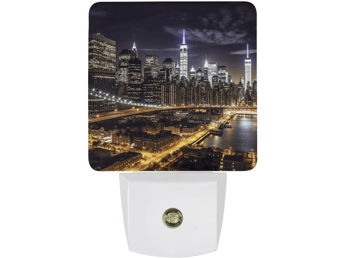 Luminária Noturna Led De Tomada Com Estampa Noite Nova York, Sensor Crepuscular, Luz Noturna Decorativa Corredor E