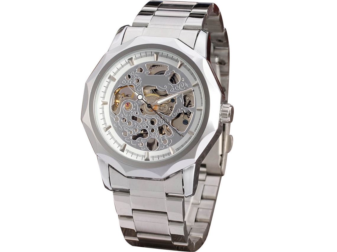 Relógio masculino automático mecânico elegante, resistente à água, branco.