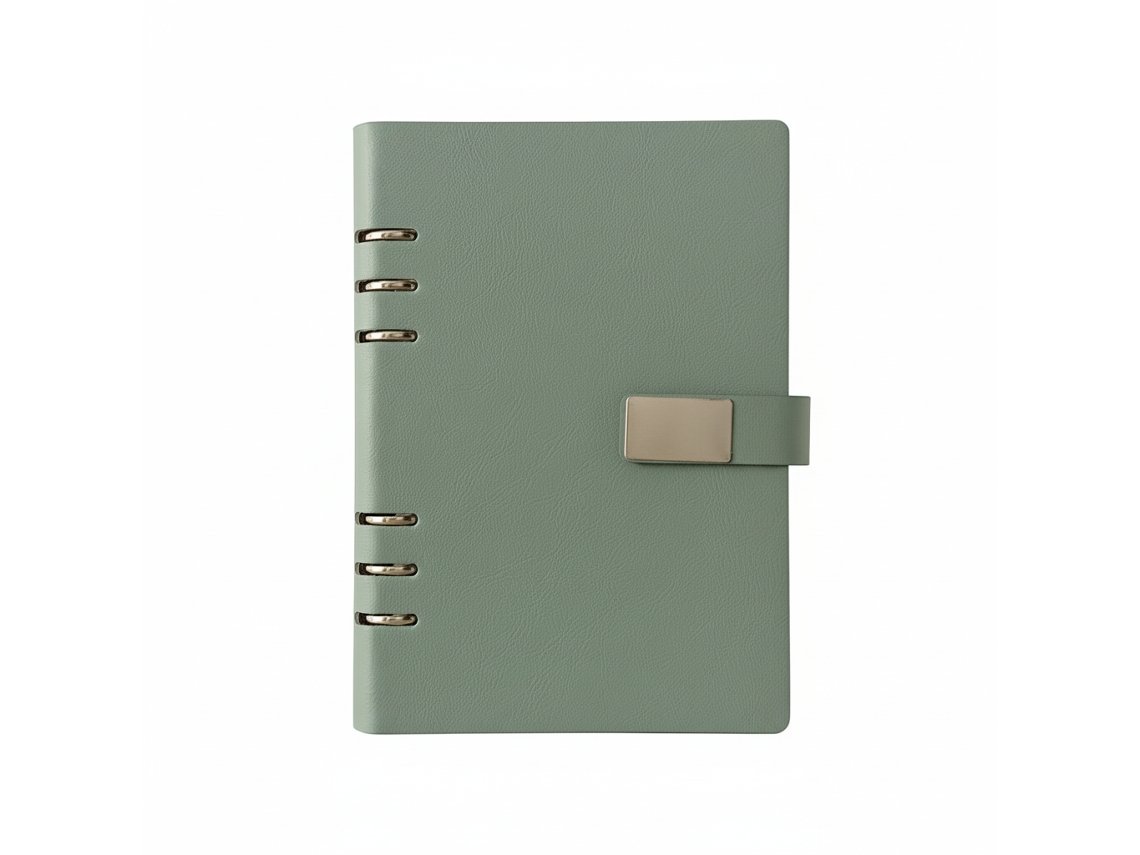 Caderno A5 Com 6 Argolas Em Pu, Modelo De Folhas Soltas Vazadas Para Negócios, Logotipo Personalizável, Verde Sálvia