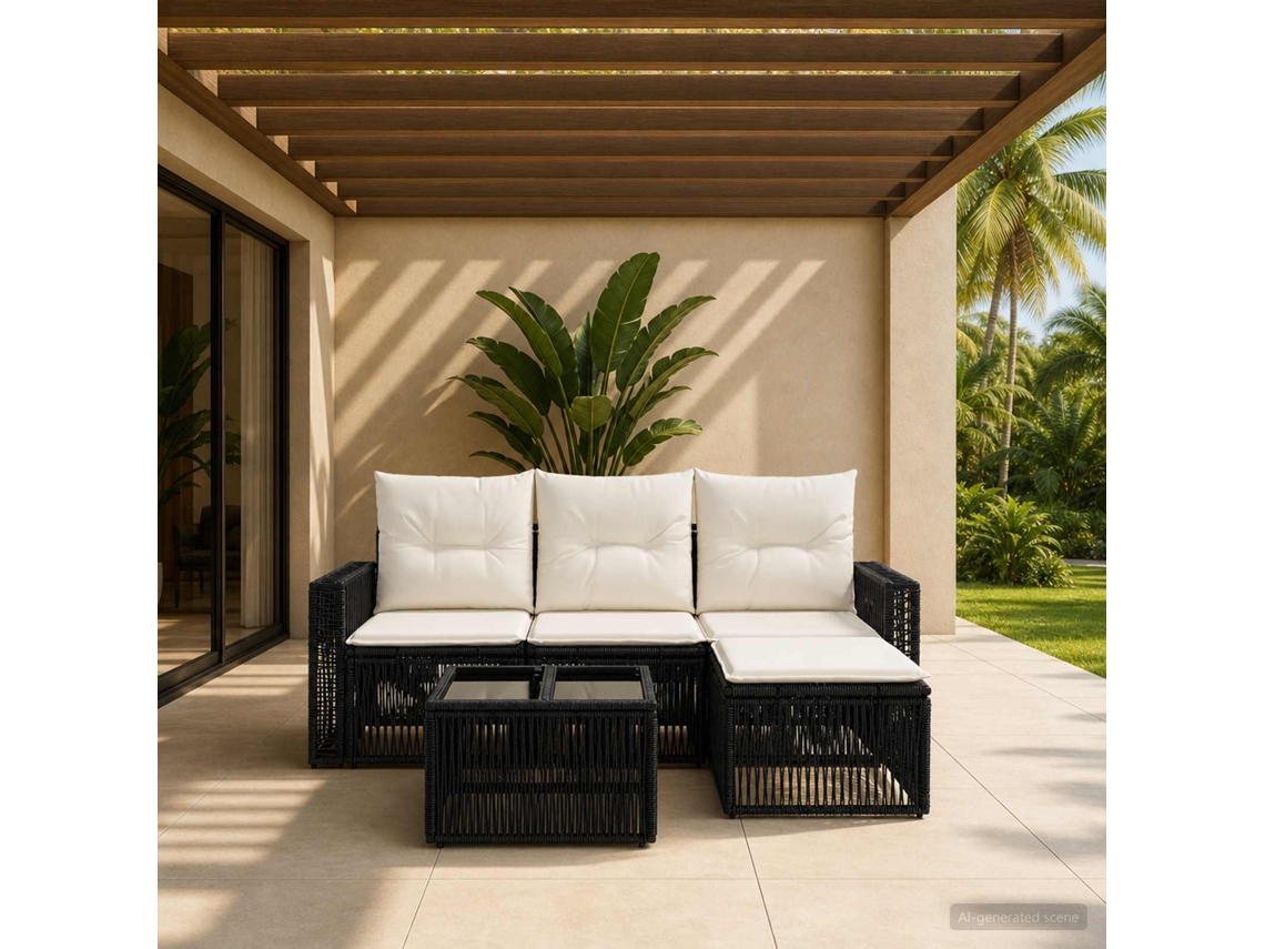 Vidaxl Conjunto De Sofá De Jardim 5 Unid. Preto E Branco Creme Vime Pe