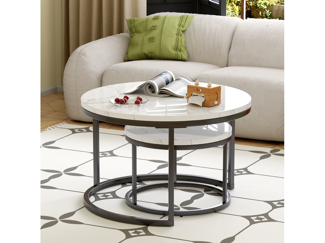 Conjunto De Mesas De Centro Modfu Redondas Encaixáveis Em Metal E Mdf Com Efeito Mármore Preto E Branco