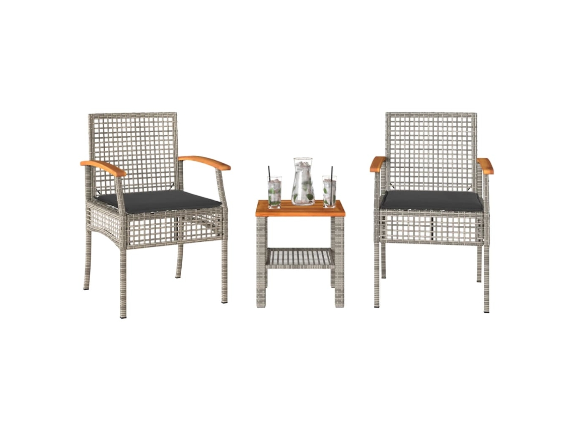 Conjunto Bistrô Com Almofadões 3 Peças Vime Pe E Acácia Cinza Dkd Home Decor