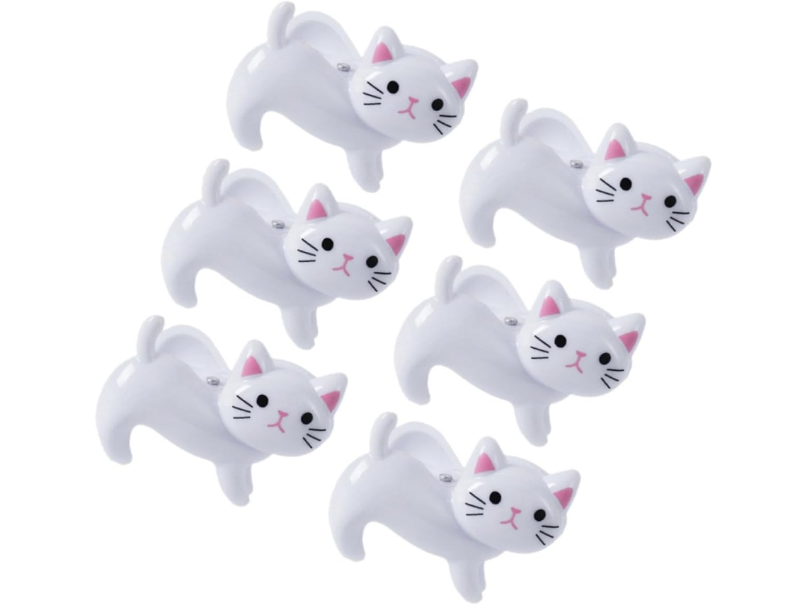 Conjunto de 6 prendedores de roupa brancos em formato de gato, feitos de PS e ferro, resistentes ao vento e à abrasão. Ideais