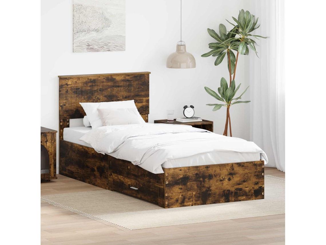 Vidaxl Estrutura Da Cama Com Gaveta Carvalho Fumado 90 X 190 Cm