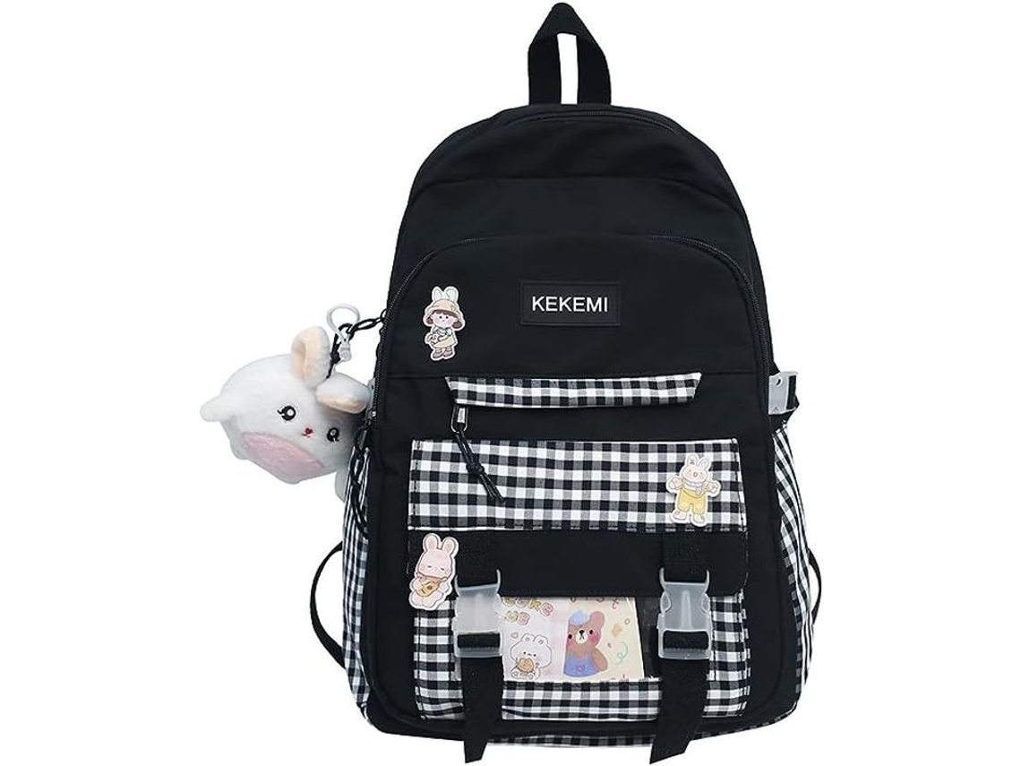 Mochila Grande LINJOU Kawaii Harajuku com Estilo Plaid para Estudantes (preto)