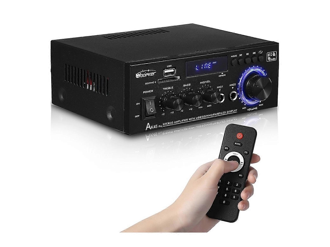 Amplificador Áudio Estéreo Bluetooth 5.0 2‑canais Karaoke Com Controlo Remoto Usb Sd Rca