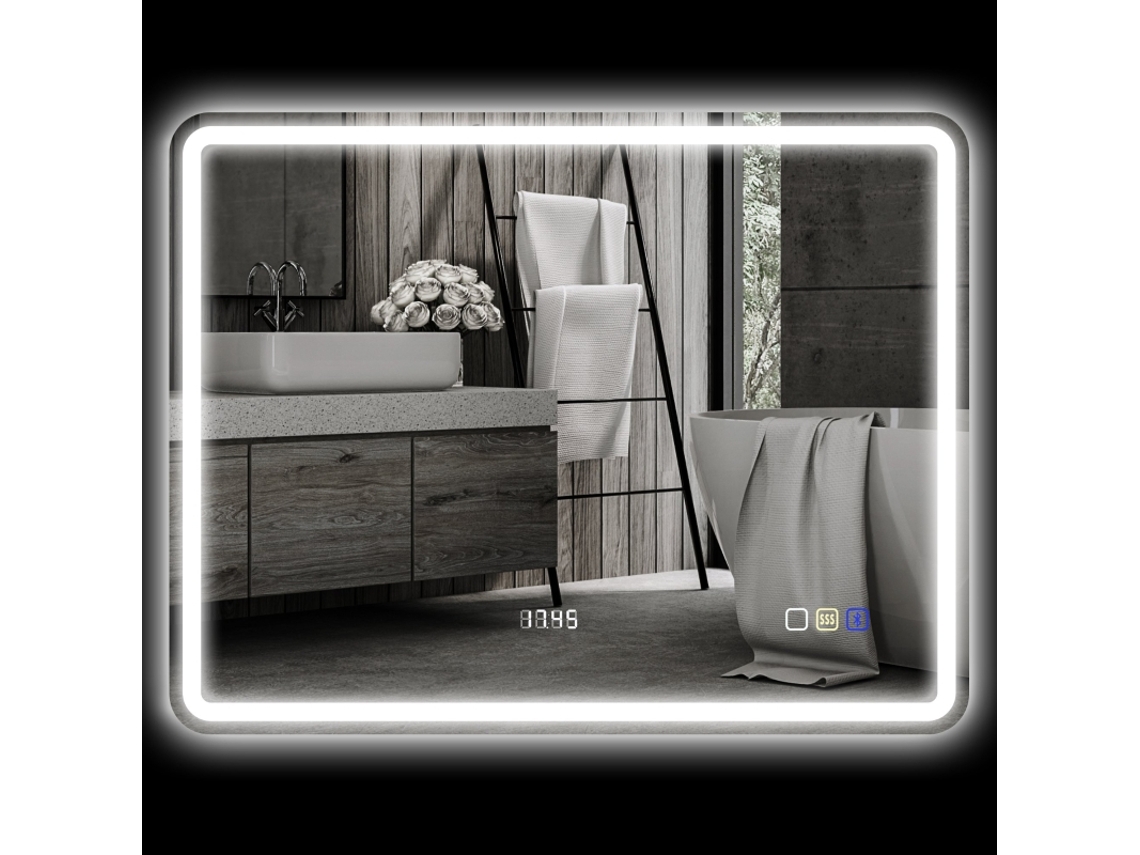 Espelho De Banheiro Com Iluminação 70x90 Cm, Espelho De Parede Led Com Bluetooth, Função De Música, Relógio, Interruptor Sensível Ao Toque