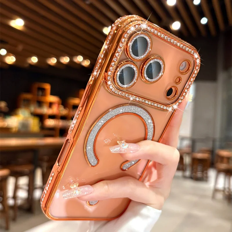 Capa Magnética Para Celular Com Glitter Eletrodepositado (cor Laranja Para Iphone 13 Pro), Feita De Silicone Macio.