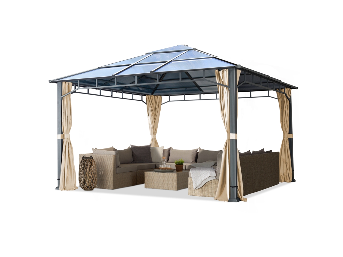 Gazebo De Jardim 4x4 M Em Alumínio, Teto Em Policarbonato Com Aprox. 8 Mm, 4 Cortinas Champanhe Toolport