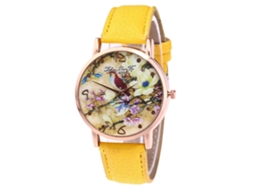 Relógio de pulso Zhoulianfa amarelo de quartzo com pulseira de PU e estampa de flores e pássaros.