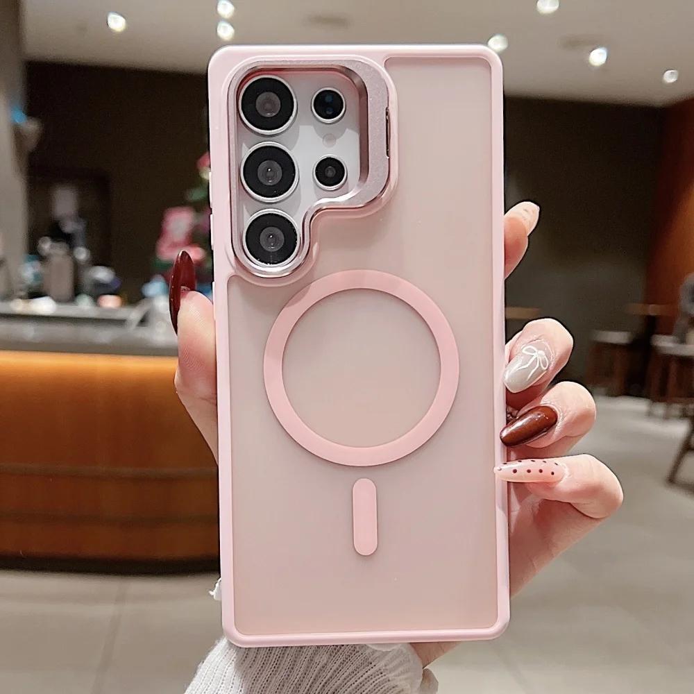 (rosa, Galaxy S24) Capa Fosca Para Celular, Suporte Magnético De Metal Para Lente, Material Acrílico Tpu