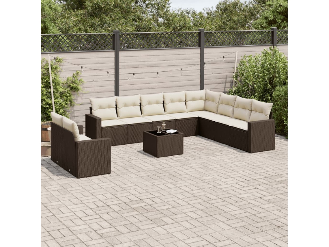 Vidaxl 11 Pcs Conjunto Sofás De Jardim C/ Almofadões Vime Pe Castanho