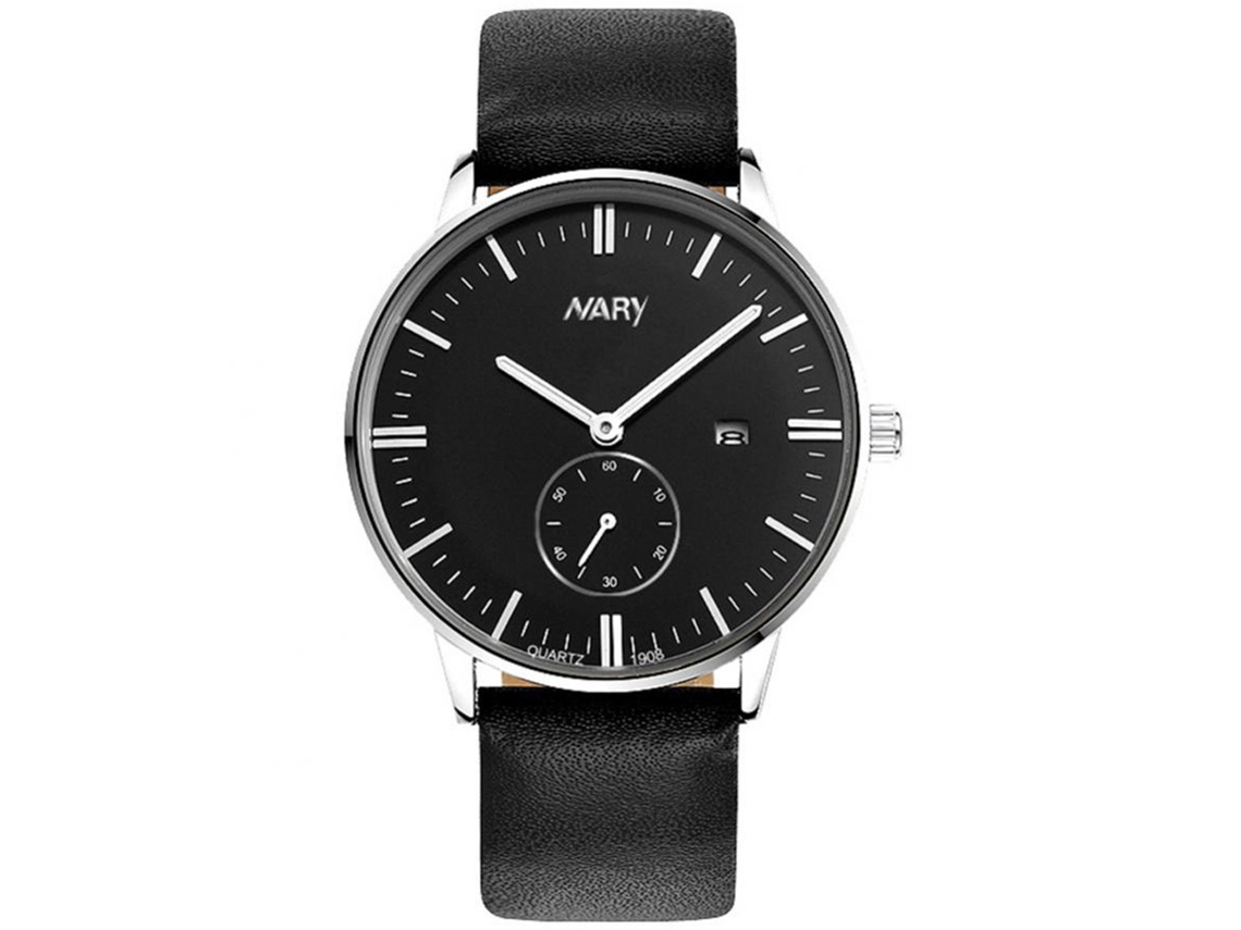 Relógio masculino à prova d'água com movimento de quartzo, pulseira de couro sintético, mostrador redondo, nas cores prata e preto.