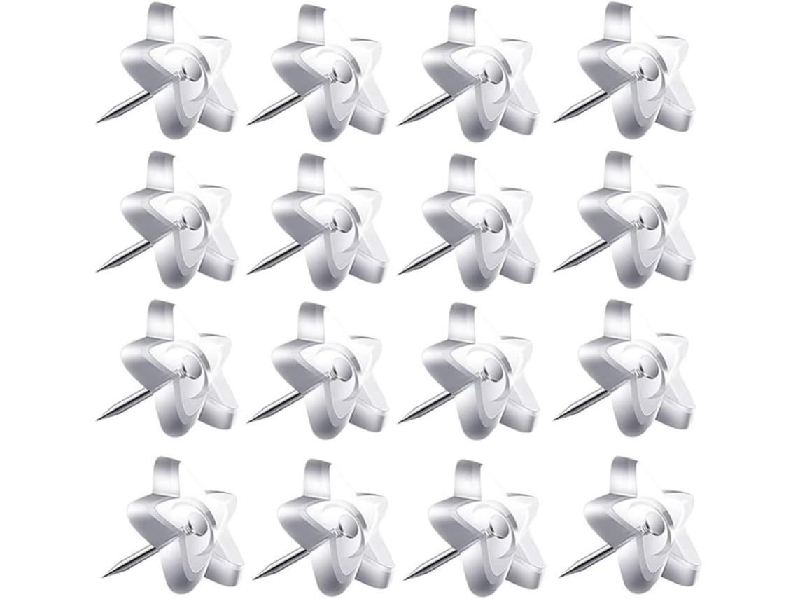 Tachinhas decorativas em formato de estrela Tehaux para quadrados de cortiça, 50 unidades, cabeças de plástico transparente.