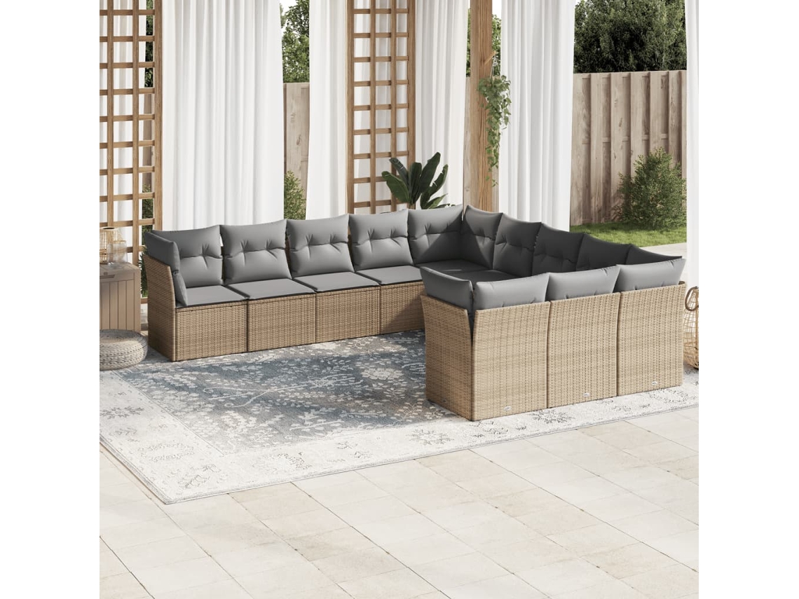 Vidaxl 11 Pcs Conjunto Sofás De Jardim C/ Almofadões Vime Pe Bege