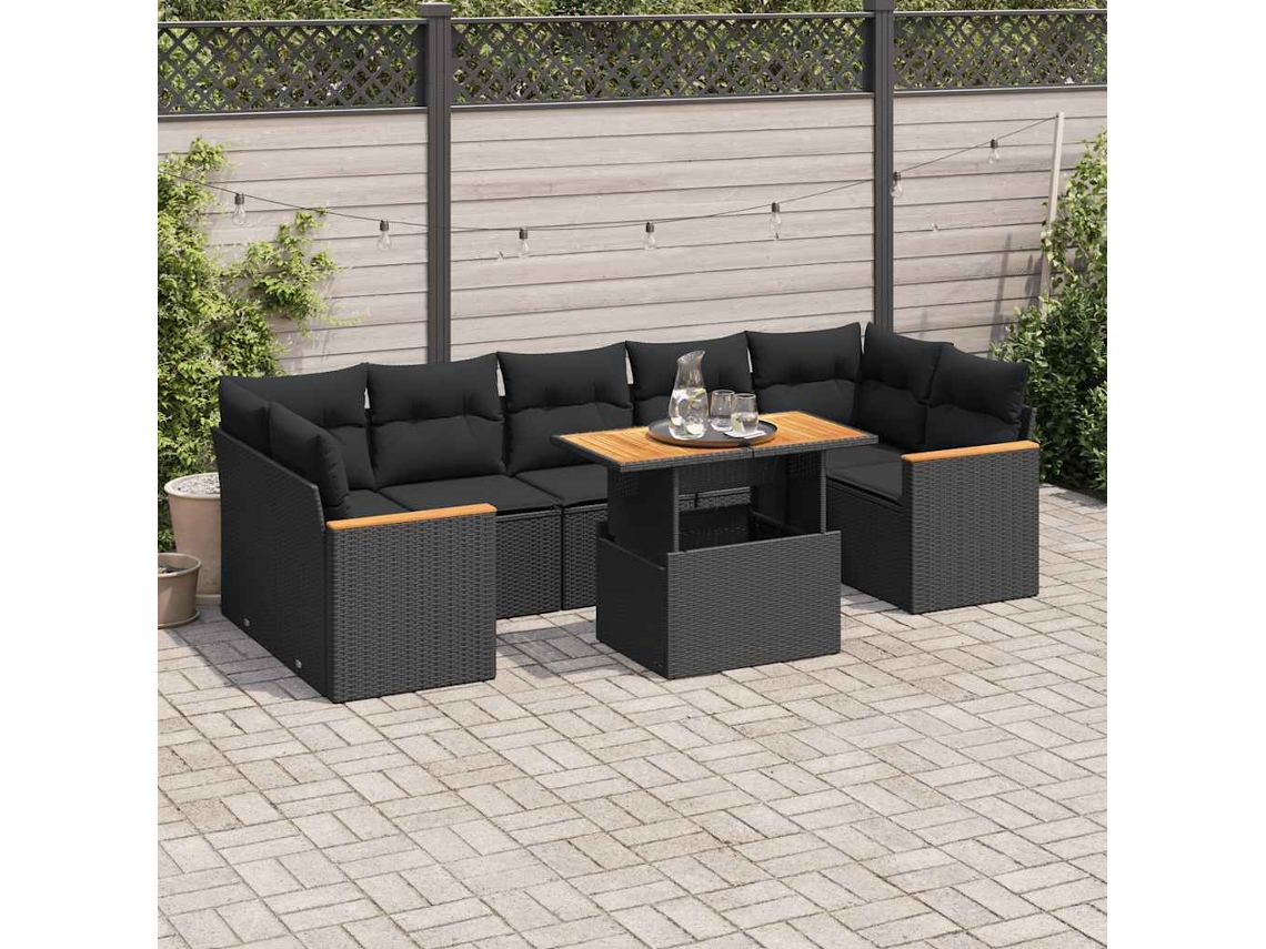 Vidaxl 8 Pcs Conjunto Sofás Jardim Com Almofadões Vime Pe/acácia Preto