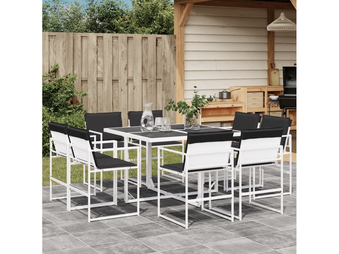 9 unidades Conj. De Jantar P/ Jardim C/ Almofadões Textilene Branco Dkd Home Decor