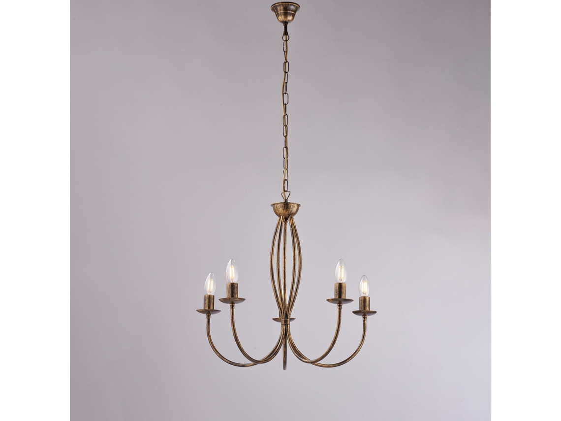 Botte Lustre Em Ferro Lacado Castanho Com Decoração. Ouro Antigo 5 Luzes 113 Ø55 Bl147 5 Br Belight