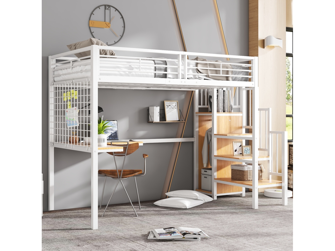 Cama De Ferro Infantil 90x200cm Com Mesa Armário E Escada Lateral