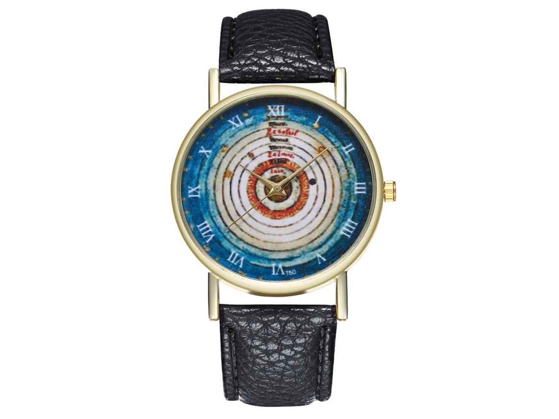 Relógio de couro elegante para casais, mostrador redondo, movimento de quartzo, para homens e mulheres, preto.