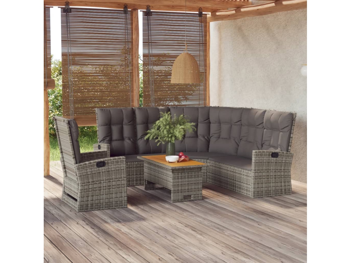 Vidaxl 3 Pcs Conjunto Lounge De Jardim C/ Almofadões Vime Pe Cinzento