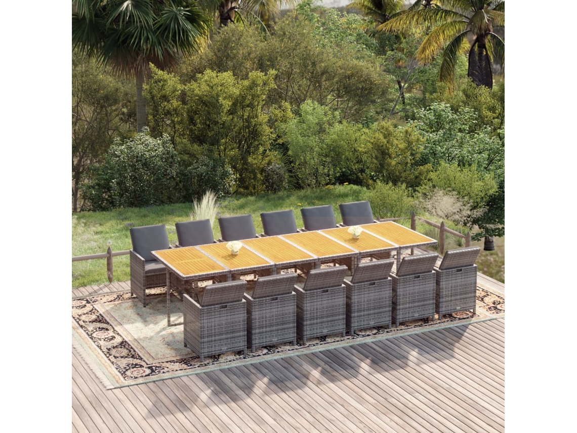 Vidaxl 13 Pcs Conjunto Jantar P/ Jardim C/ Almofadões Vime Pe Cinzento