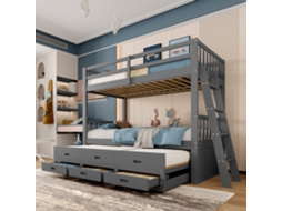 Beliche estilo casinha 90x200 cm em pinho + MDF com cama auxiliar e 3 gavetas, infantil, sem colchão, cinza VSOGA