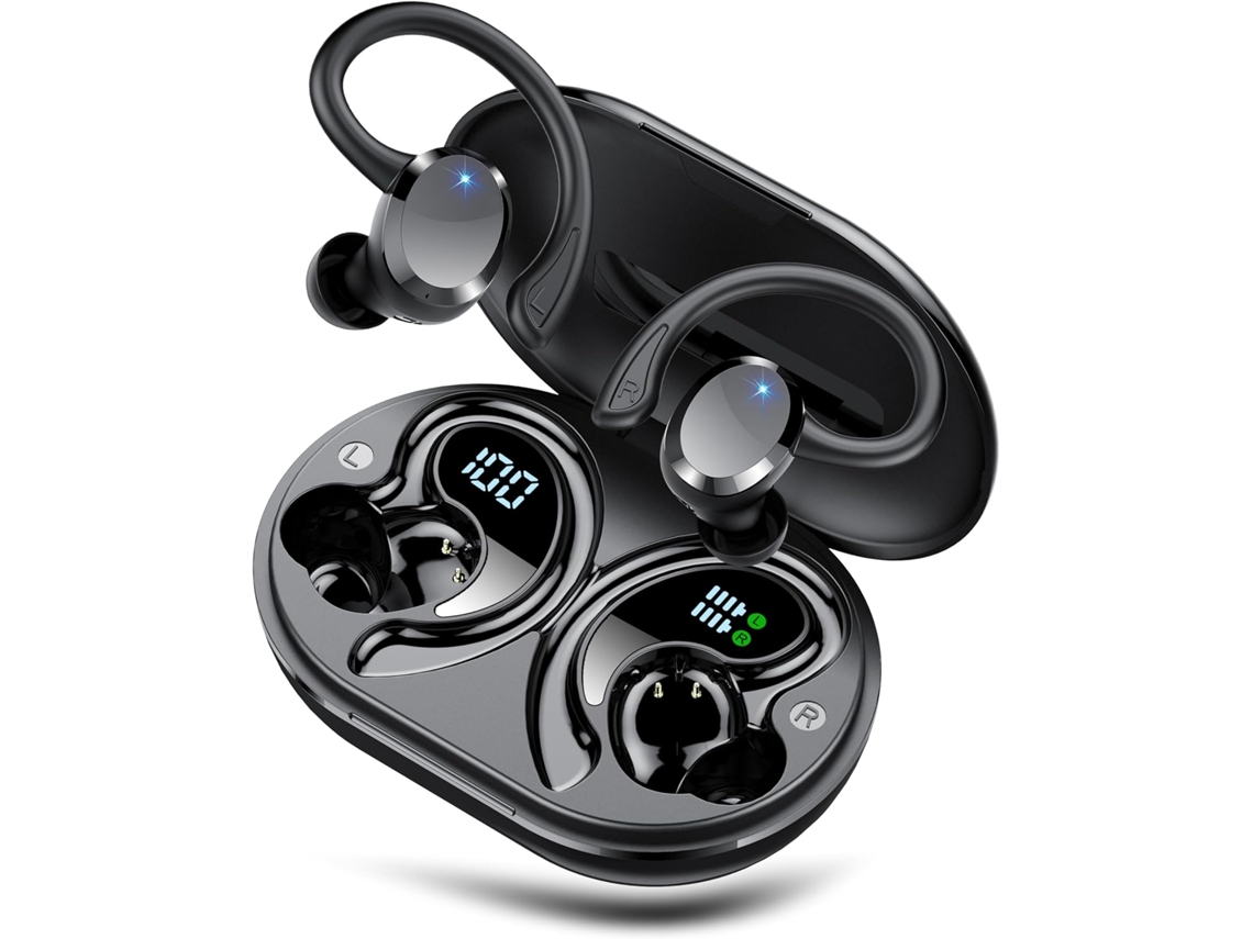 Fones esportivos pretos Bluetooth 5.4, 68h, tela LED, 4 microfones, ANC, IP7, clipes, sem marca