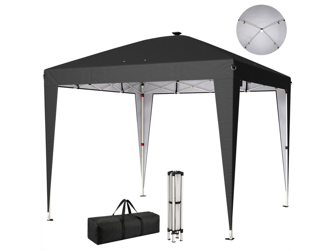 Gazebo Dobrável De 3x3 M Com Altura Ajustável, Luz Central E Controle Remoto. Feito De Metal E Poliéster. Preto.