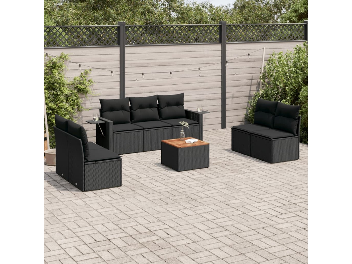 Vidaxl 8 Pcs Conjunto Sofás De Jardim Com Almofadões Vime Pe Preto