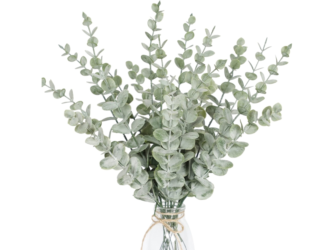 Conjunto 18 Plantas Artificiais – Ramos Eucalipto Decorativos – Decoração Interior/exterior – Folhas Verdes – 38 Cm – Plástico