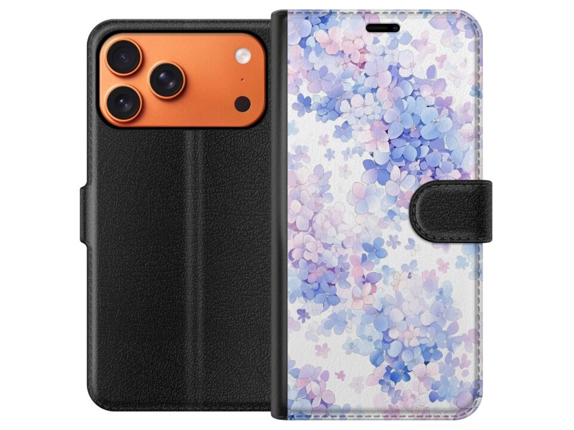 Capa Carteira Compatível Com Apple Iphone 17 Pro Max. Estampa Floral Delicada Em Tons Pastel De Azul, Rosa E Roxo, Ilustração Suave E Romântica.