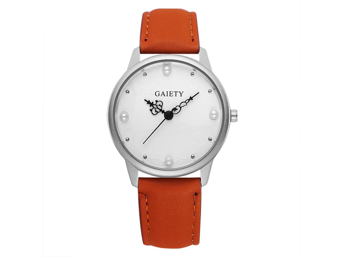 Reloj De Pulsera De Mujer Con Perlas Falsas Dial Redondo Acero Inoxidable Cuarzo Café Claro