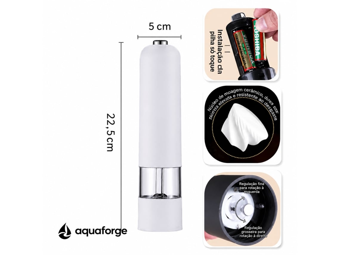 Moinho Elétrico De Pimenta E Sal Aquaforge Com Moagem Ajustável E Mó Cerâmica Para Pimenta E Sal, Branco