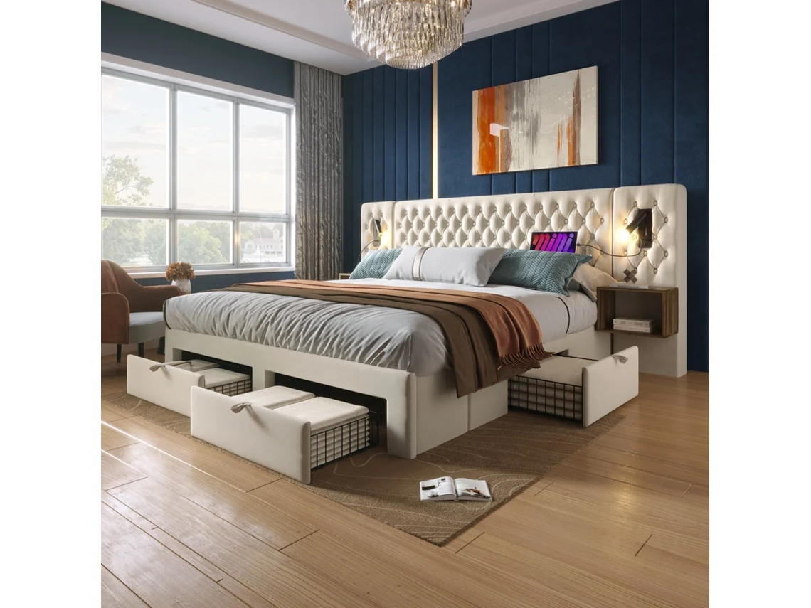 Conjunto Quarto 180x200 Mesas Cômoda Led Usb Bege Sem Colchão