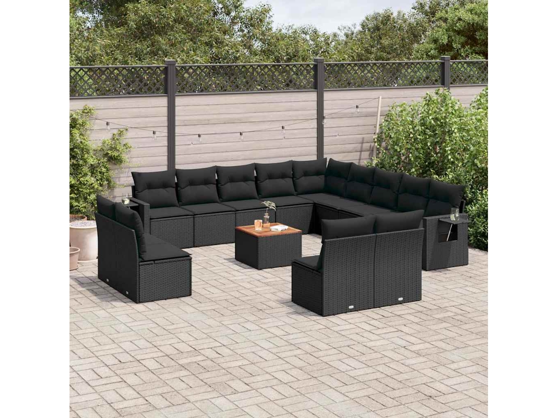 Vidaxl 14 Pcs Conjunto De Sofás P/ Jardim C/ Almofadões Vime Pe Preto
