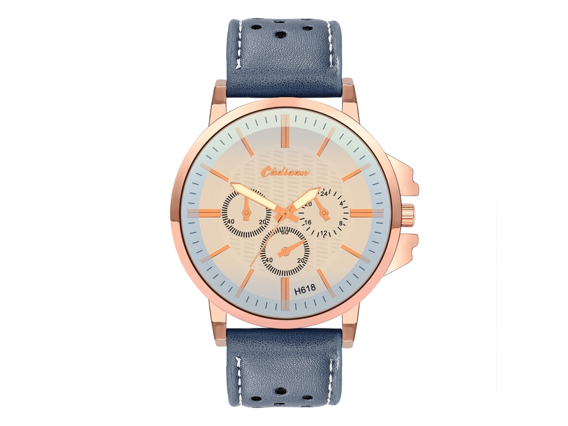 Reloj De Pulsera Unisex De Cuero Pu Casual Tres Ojos Oro Rosa+azul
