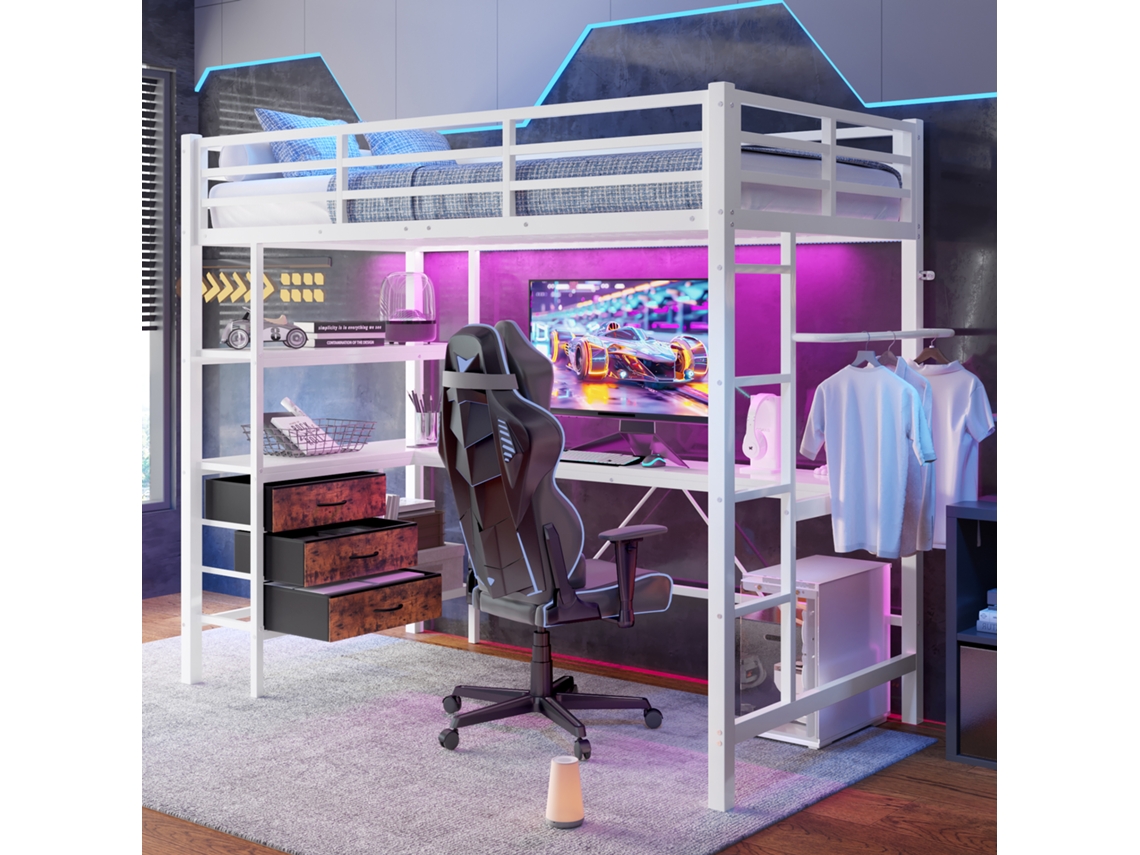 Cama Alta 90x200cm Led Mesa Tomada Usb 3 Gavetas Prateleiras Escada Branca