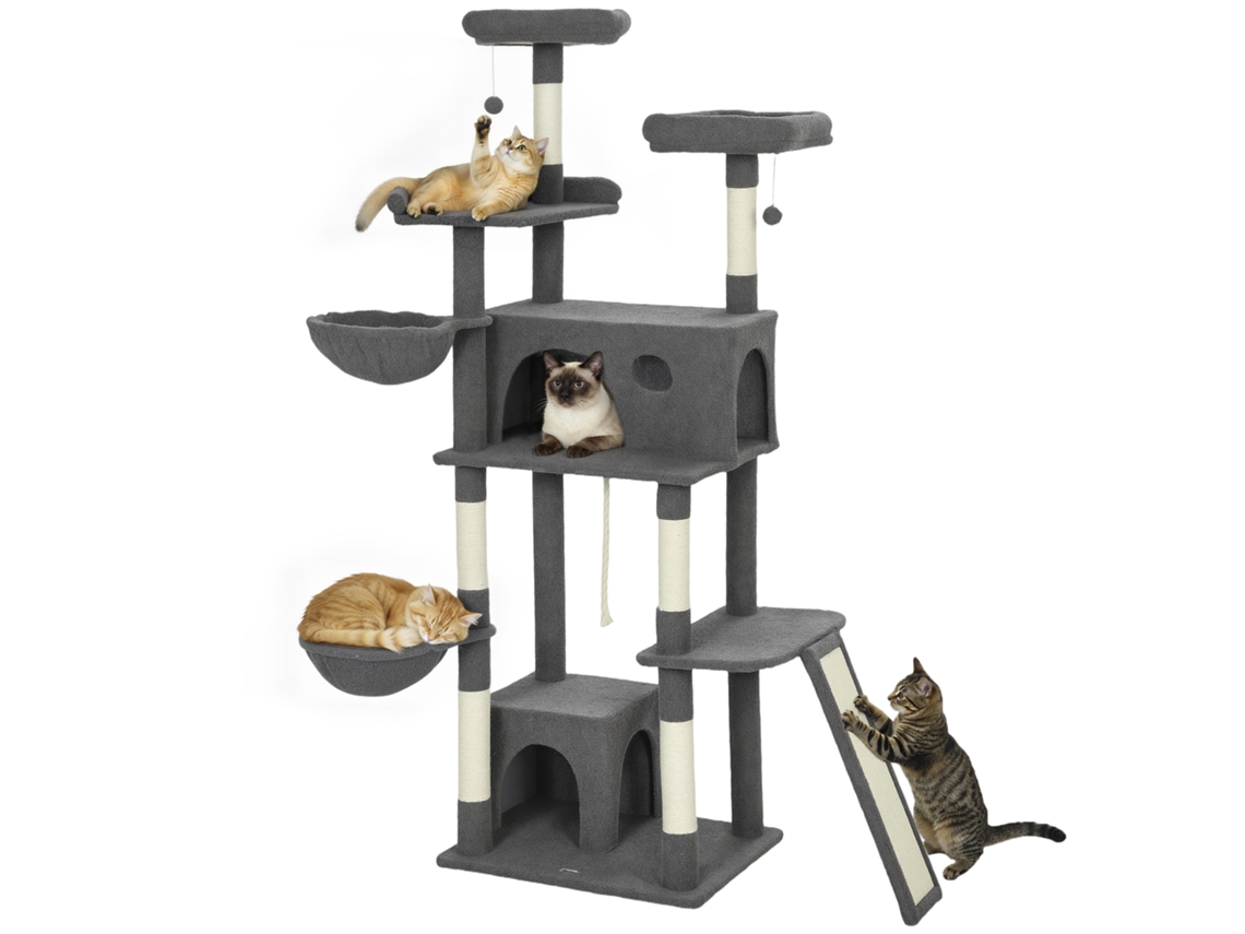 Árvore Para Gatos Com Arranhador, 3 Camas, 2 Nichos, Plataformas E 3 Brinquedos Pendurados, 174 Cm De Altura, Cinza.