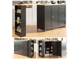 Mesa Bar Giratória 360° Preta 135-203x39x106cm, Rodas, 3 Gavetas, Suporte Lanches.-lb