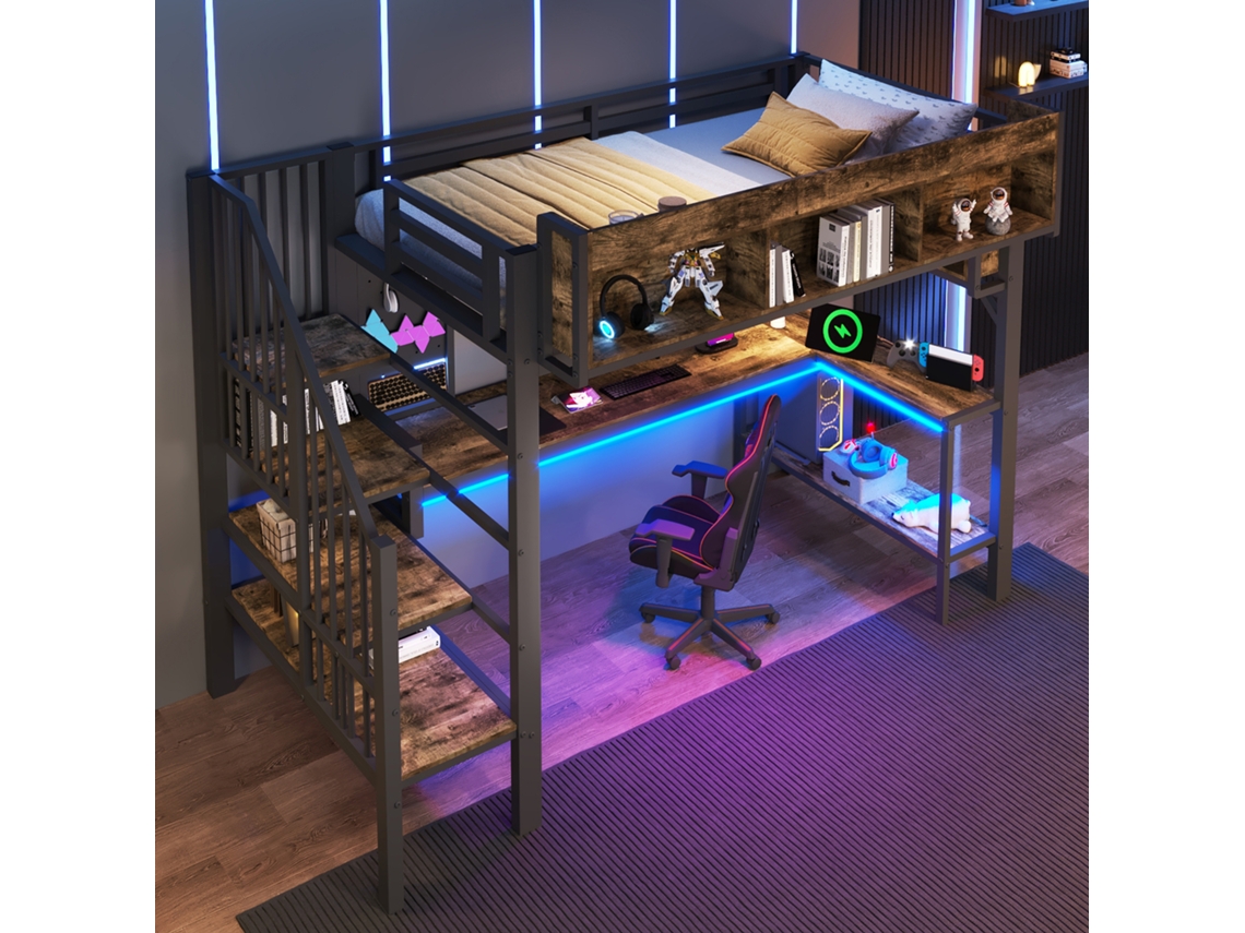 Cama alta vintage 90x200 cm com secretária de canto, painel perfurado, arrumação, USB-C e LED, marrom/preto, sem colchão VSOGA