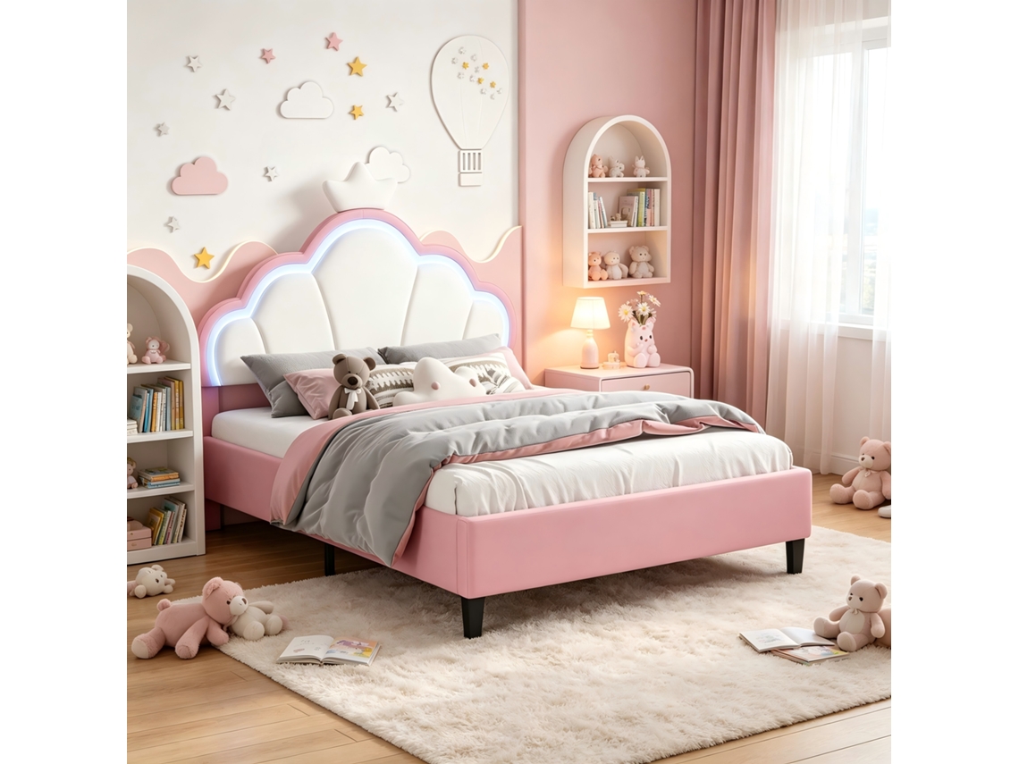 Cama Infantil 140x190 Cm Estofada Veludo Rosa Branco,cabeceira Coroa Ajustável Com Luzes Led Rgb,estrado De Ripas,sem Colchão,rosahqnda
