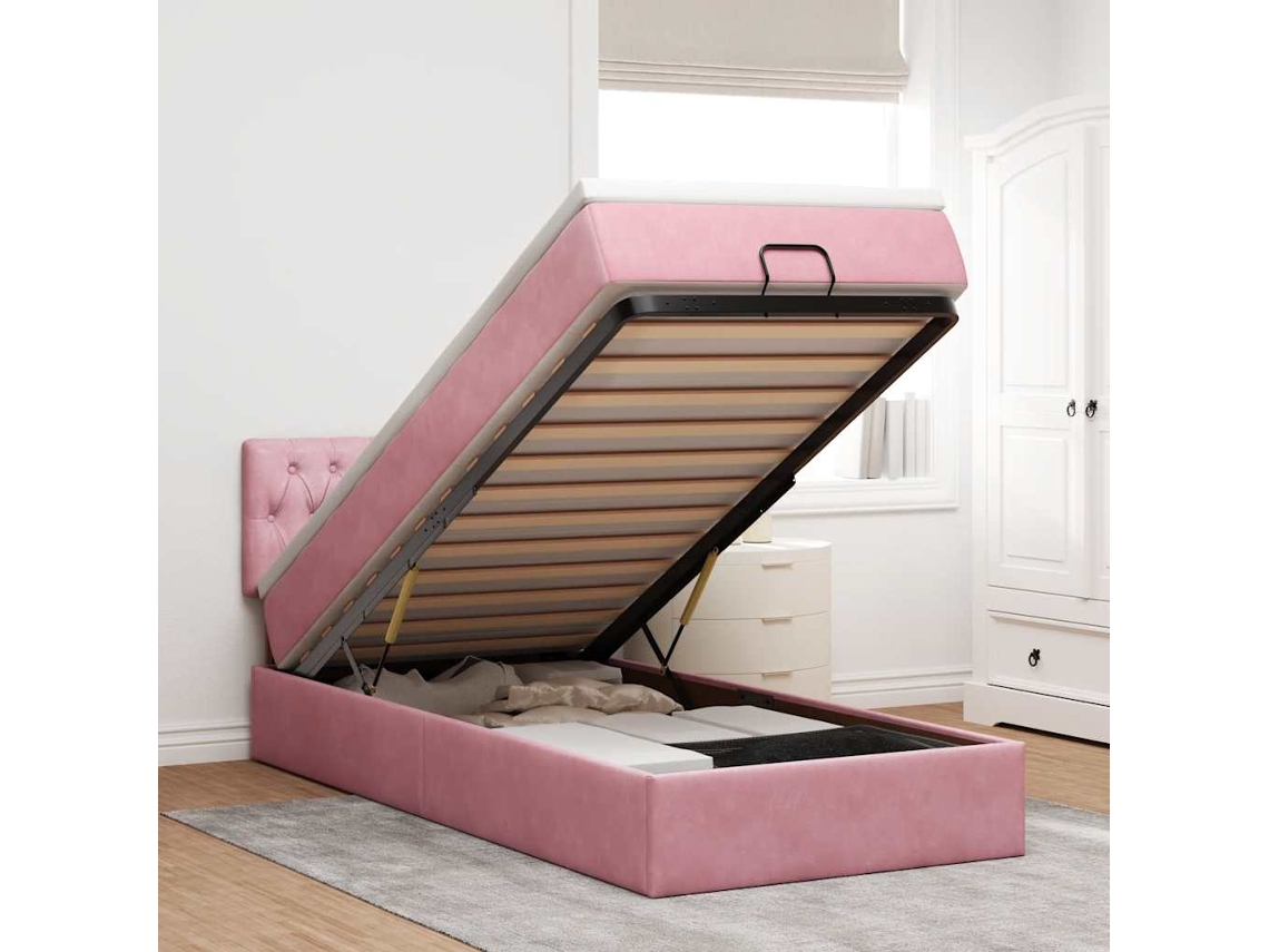 Vidaxl Estrutura De Cama Otomana Com Colchão Rosa 90x200cm Veludo