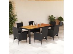 Conjunto 7 Peças Jantar Jardim C/ Almofadões Vime Pe/acácia Preto Dkd Home Decor