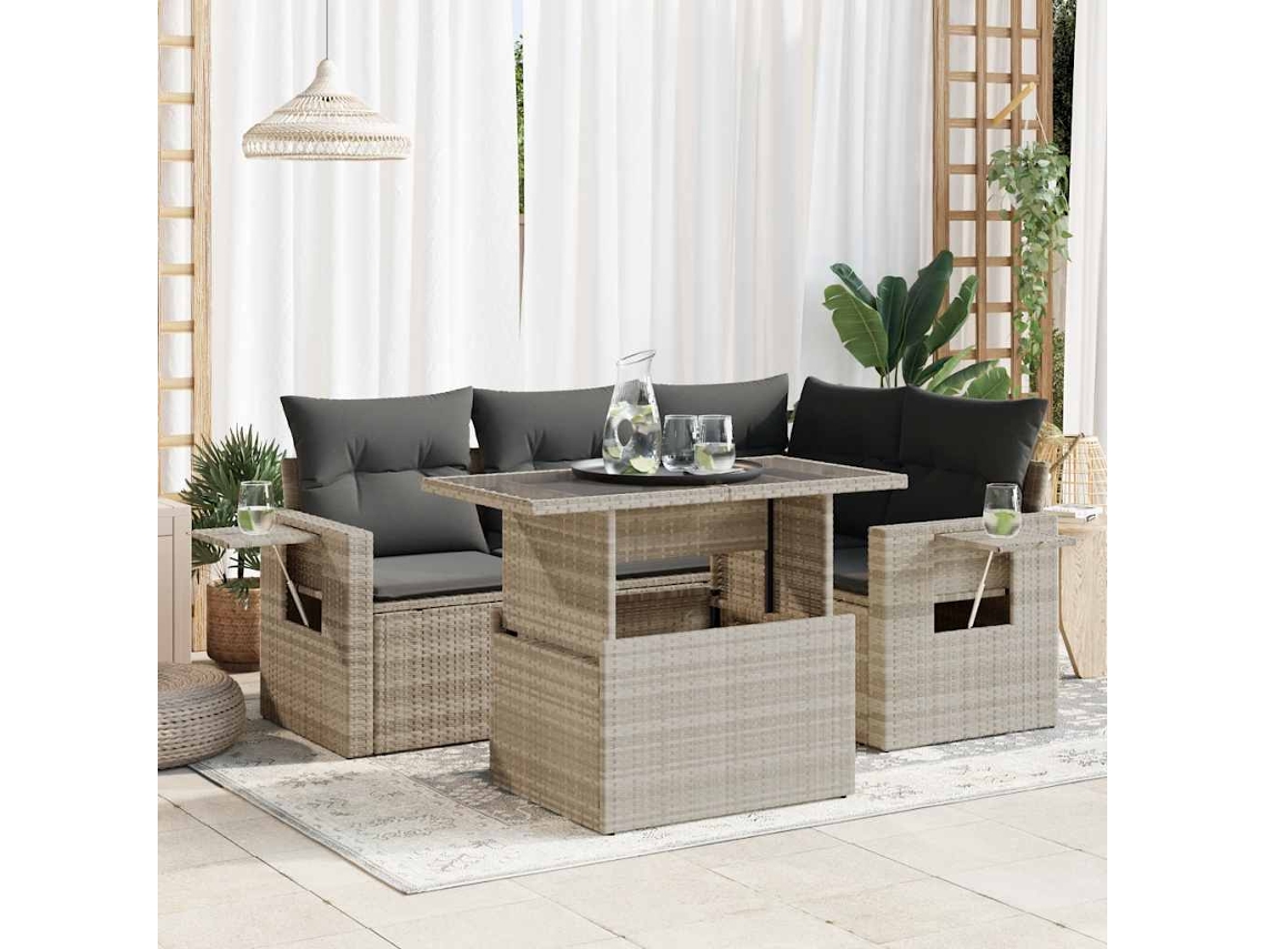 Pcs Conj. Sofás Jardim C/ Almofadões Vime Pe Cinzento Claro Dkd Home Decor