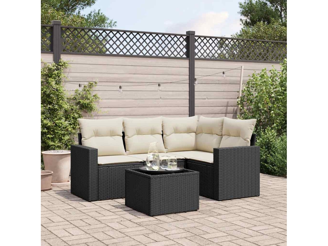 Vidaxl 5 Pcs Conjunto Sofás De Jardim Com Almofadões Vime Pe Preto
